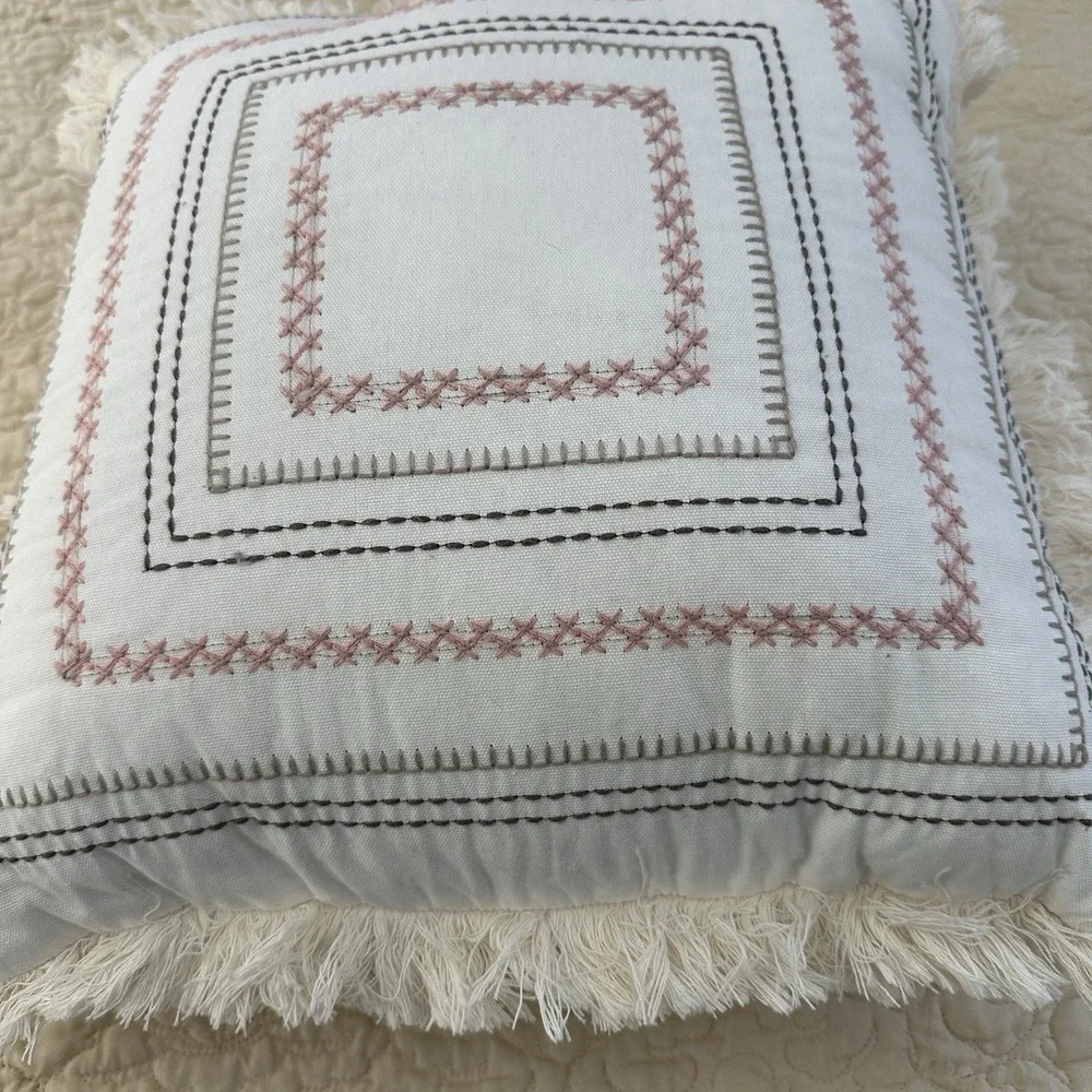 Modern‎ Dreams Throw Pillow 16x16 Inch Cross Stitch Embroidered Geometric White